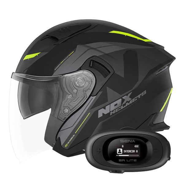 Casque Jet NOX N130 Klint Matt Black Neon Yellow + Kit bluetooth 5R Lite Solo