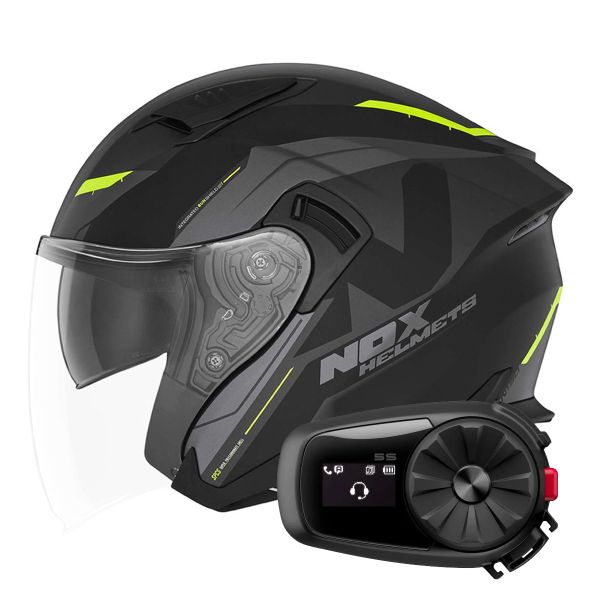 Casque Jet NOX N130 Klint Matt Black Neon Yellow + Kit Bluetooth 5S Solo