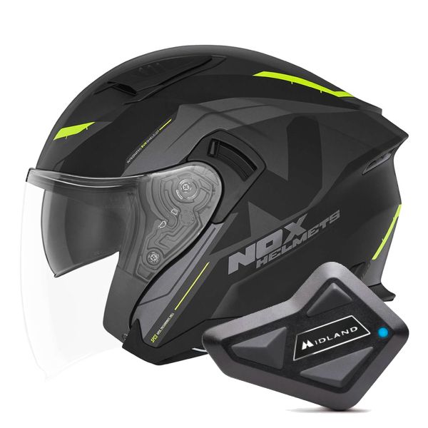 Casque Jet NOX N130 Klint Matt Black Neon Yellow + Kit Bluetooth BT Mini