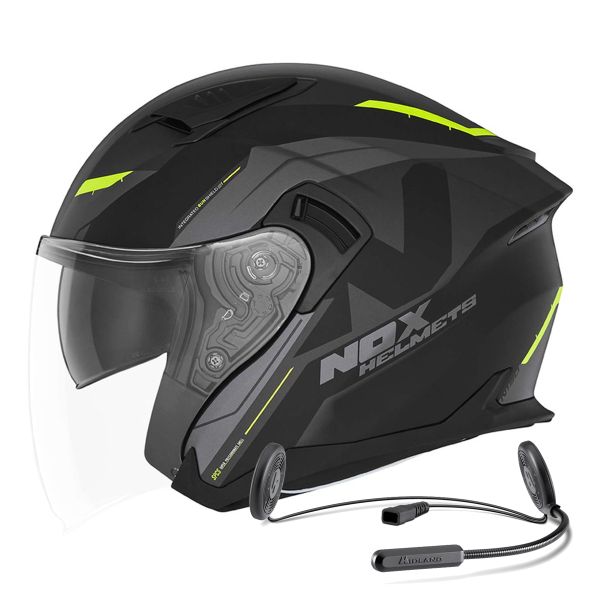 Casque Jet NOX N130 Klint Matt Black Neon Yellow + Kit Bluetooth Lokui K10