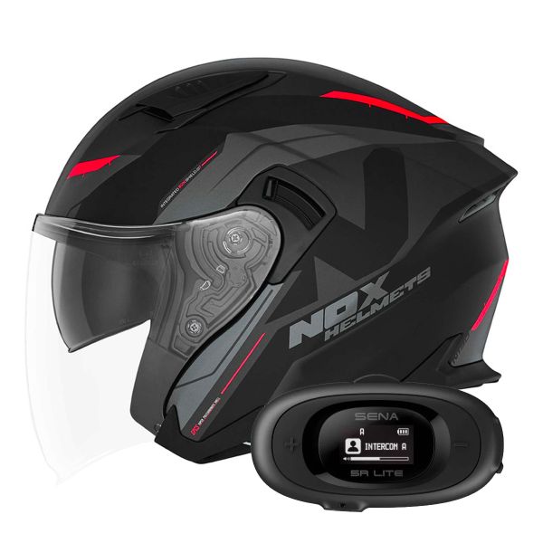Casque Jet NOX N130 Klint Matt Black Red + Kit bluetooth 5R Lite Solo