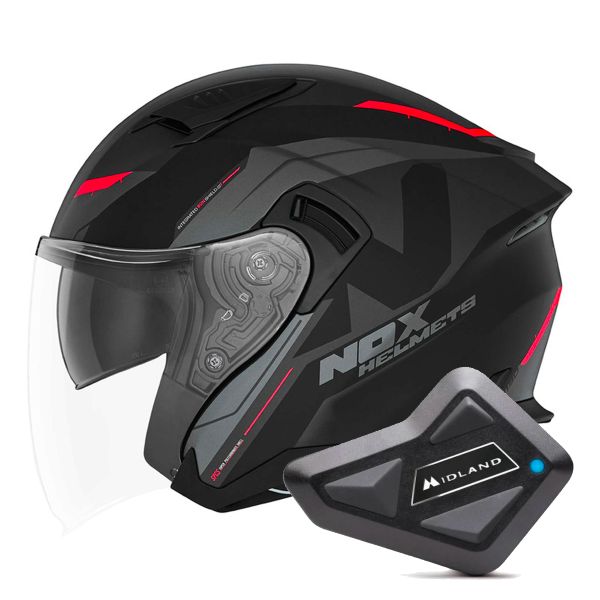 Casque Jet NOX N130 Klint Matt Black Red + Kit Bluetooth BT Mini