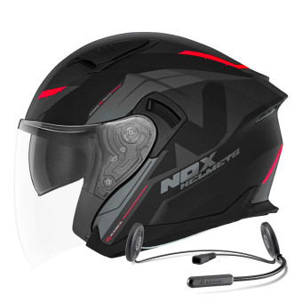 Casque Jet NOX N130 Klint Matt Black Red + Kit Bluetooth Lokui K10