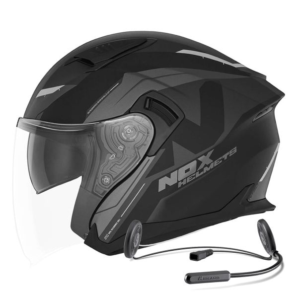 Casque Jet NOX N130 Klint Matt Black Titanium + Kit Bluetooth Lokui K10