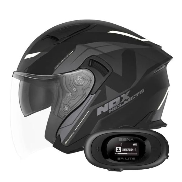Casque Jet NOX N130 Klint Matt Black White + Kit bluetooth 5R Lite Solo