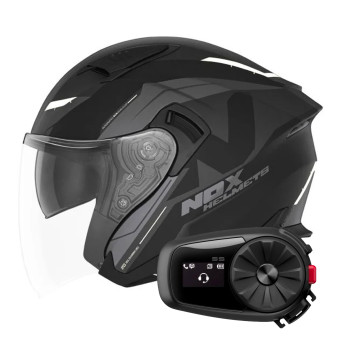 Casque Jet NOX N130 Klint Matt Black White + Kit Bluetooth 5S Solo