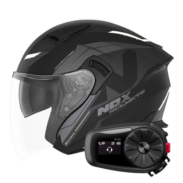 Casque Jet NOX N130 Klint Matt Black White + Kit Bluetooth 5S Solo