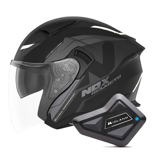 Casque Jet NOX N130 Klint Matt Black White + Kit Bluetooth BT Mini