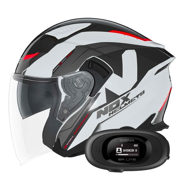 Casque Jet NOX N130 Klint White Red + Kit bluetooth 5R Lite Solo