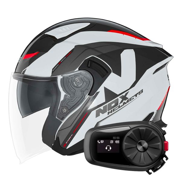 Casque Jet NOX N130 Klint White Red + Kit Bluetooth 5S Solo