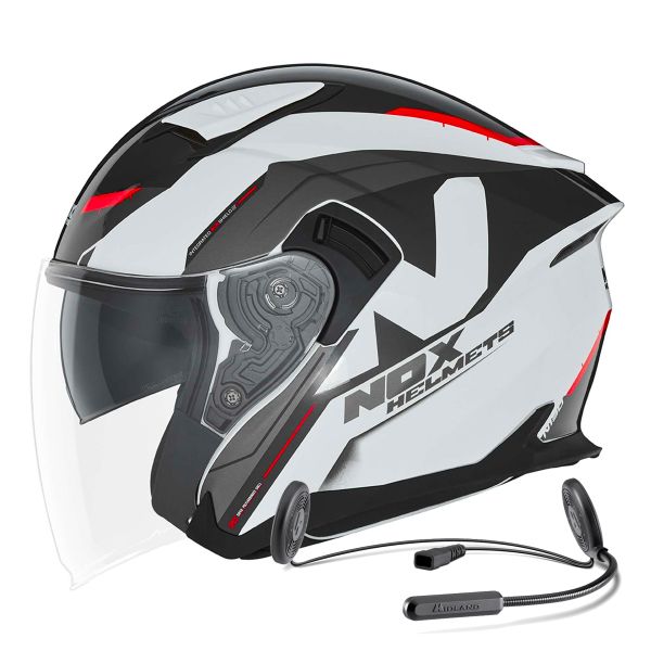 Casque Jet NOX N130 Klint White Red + Kit Bluetooth Lokui K10