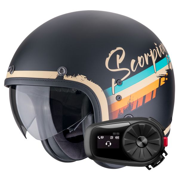 Casque Jet Scorpion Belfast Evo Adonis Matt Black Beige + Kit Bluetooth 5S Solo