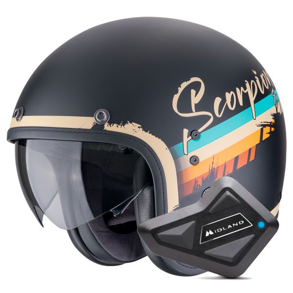 Casque Jet Scorpion Belfast Evo Adonis Matt Black Beige + Kit Bluetooth BT Mini