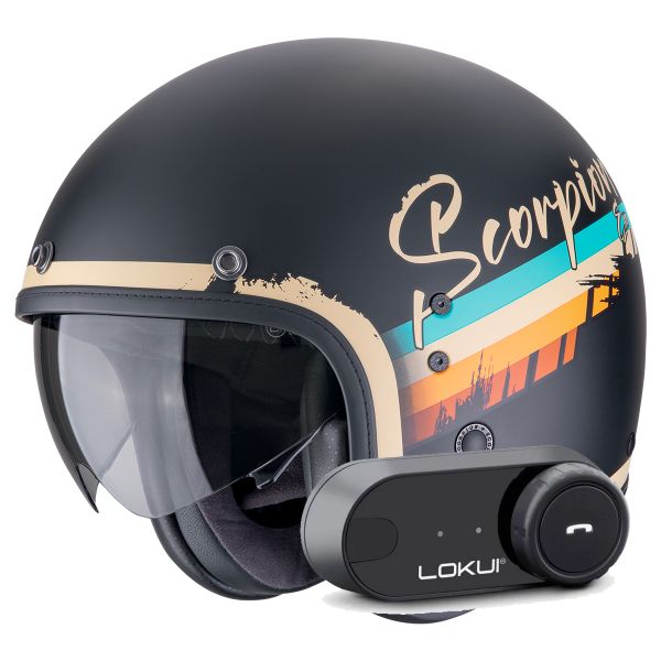 Casque Jet Scorpion Belfast Evo Adonis Matt Black Beige + Kit Bluetooth Lokui K30