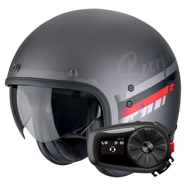 Casque Jet Scorpion Belfast Evo Adonis Silver Mat Red + Kit Bluetooth 5S Solo