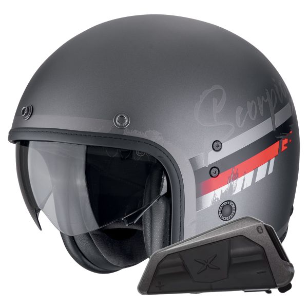 Casque Jet Scorpion Belfast Evo Adonis Silver Mat Red + Kit bluetooth Exo-Com Link-1 Casque Jet Scorpion Belfast Evo Adonis Silver Mat Red + Kit bluetooth Exo-Com Link-1