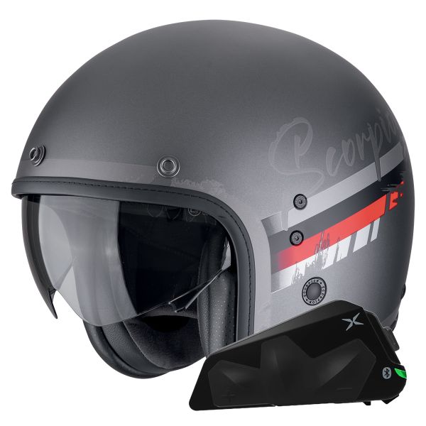 Casque Jet Scorpion Belfast Evo Adonis Silver Mat Red + Kit bluetooth Exo-Com Link-1C Casque Jet Scorpion Belfast Evo Adonis Silver Mat Red + Kit bluetooth Exo-Com Link-1C