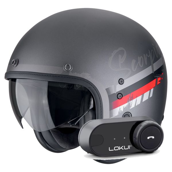 Casque Jet Scorpion Belfast Evo Adonis Silver Mat Red + Kit Bluetooth Lokui K30