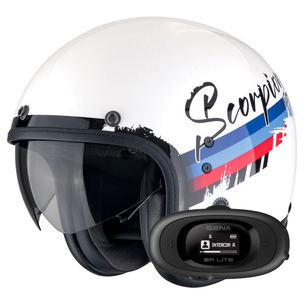 Casque Jet Scorpion Belfast Evo Adonis White Red Blue + Kit bluetooth 5R Lite