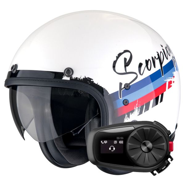 Casque Jet Scorpion Belfast Evo Adonis White Red Blue + Kit Bluetooth 5S Solo