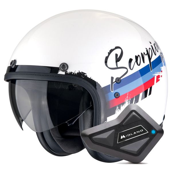 Casque Jet Scorpion Belfast Evo Adonis White Red Blue + Kit Bluetooth BT Mini