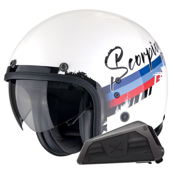 Casque Jet Scorpion Belfast Evo Adonis White Red Blue + Kit bluetooth Exo-Com Link-1 Casque Jet Scorpion Belfast Evo Adonis White Red Blue + Kit bluetooth Exo-Com Link-1