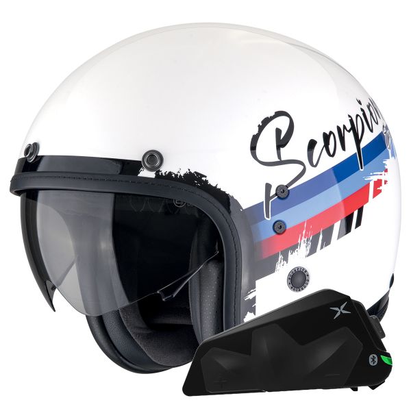 Casque Jet Scorpion Belfast Evo Adonis White Red Blue + Kit bluetooth Exo-Com Link-1C Casque Jet Scorpion Belfast Evo Adonis White Red Blue + Kit bluetooth Exo-Com Link-1C