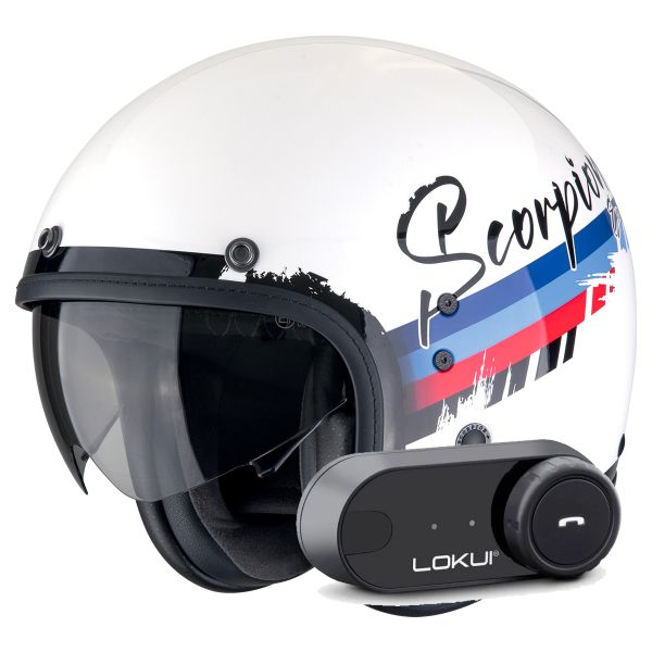 Casque Jet Scorpion Belfast Evo Adonis White Red Blue + Kit Bluetooth Lokui K30
