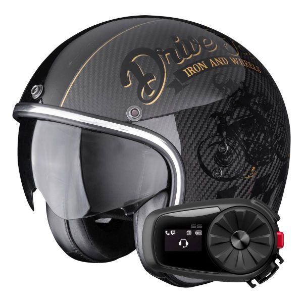 Casque Jet Scorpion Belfast Evo Carbon Zippy Black Gold + Kit Bluetooth 5S Solo Casque Jet Scorpion Belfast Evo Carbon Zippy Black Gold + Kit Bluetooth 5S Solo