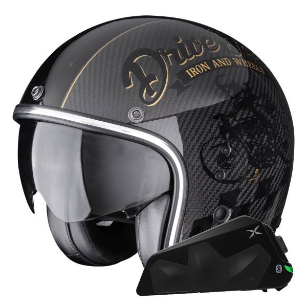 Casque Jet Scorpion Belfast Evo Carbon Zippy Black Gold + Kit bluetooth Exo-Com Link-1C Casque Jet Scorpion Belfast Evo Carbon Zippy Black Gold + Kit bluetooth Exo-Com Link-1C