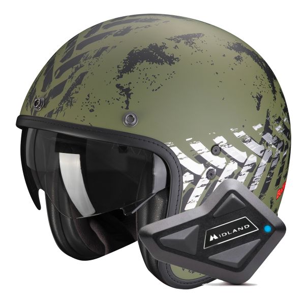 Casque Jet Scorpion Belfast Evo Nevada Matt Green Silver + Kit Bluetooth BT Mini