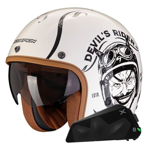 Casque Jet Scorpion Belfast Evo Romeo Cream Black + Kit bluetooth Exo-Com Link-1C