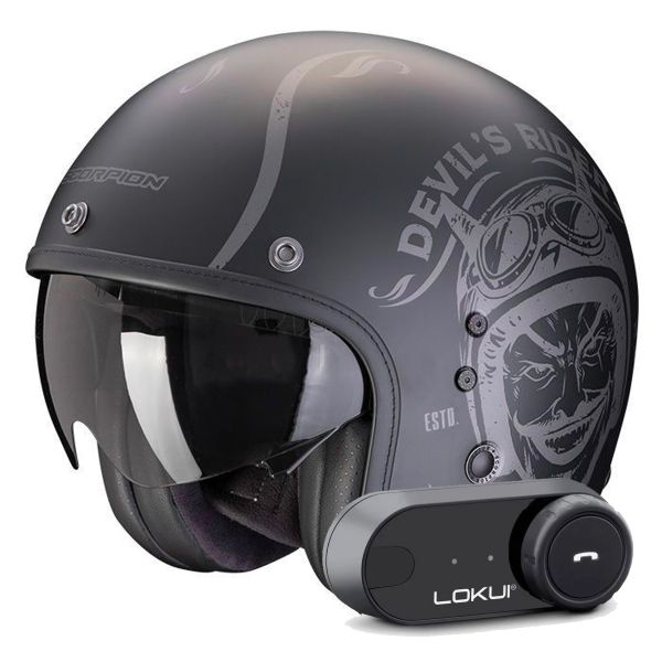 Casque Jet Scorpion Belfast Evo Romeo Matt Black Silver + Kit Bluetooth Lokui K30
