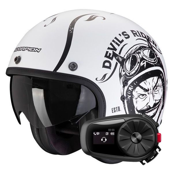 Casque Jet Scorpion Belfast Evo Romeo Matt White Black + Kit Bluetooth 5S Solo