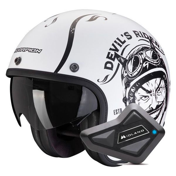 Casque Jet Scorpion Belfast Evo Romeo Matt White Black + Kit Bluetooth BT Mini