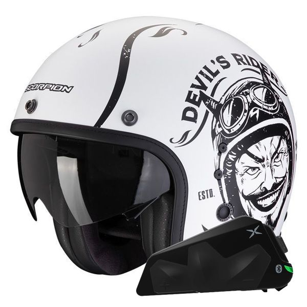 Casque Jet Scorpion Belfast Evo Romeo Matt White Black + Kit bluetooth Exo-Com Link-1C