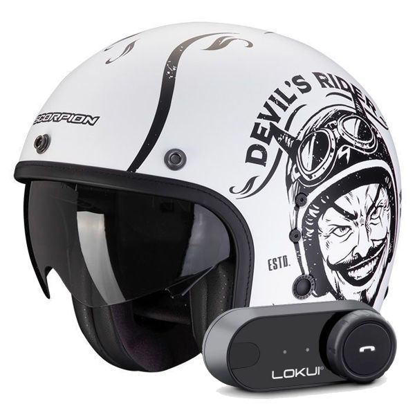 Casque Jet Scorpion Belfast Evo Romeo Matt White Black + Kit Bluetooth Lokui K30