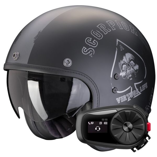Casque Jet Scorpion Belfast Evo Spade Matt Black Silver + Kit Bluetooth 5S Solo Casque Jet Scorpion Belfast Evo Spade Matt Black Silver + Kit Bluetooth 5S Solo