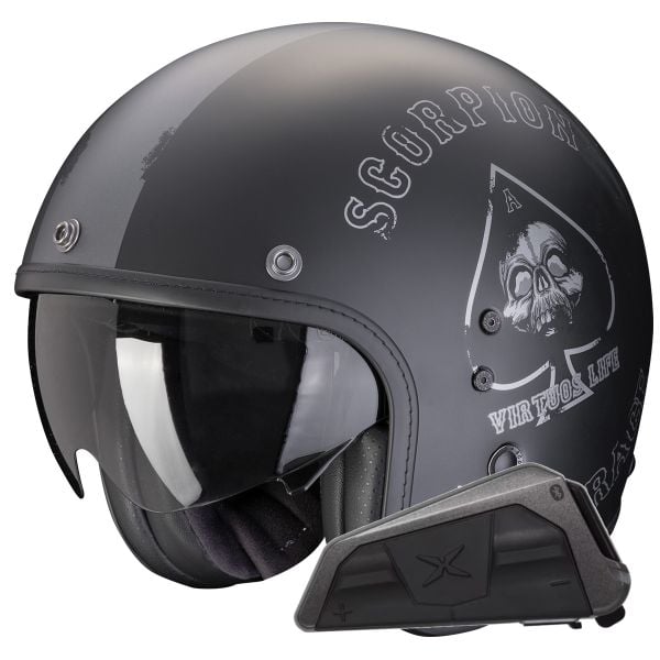 Casque Jet Scorpion Belfast Evo Spade Matt Black Silver + Kit bluetooth Exo-Com Link-1 Casque Jet Scorpion Belfast Evo Spade Matt Black Silver + Kit bluetooth Exo-Com Link-1