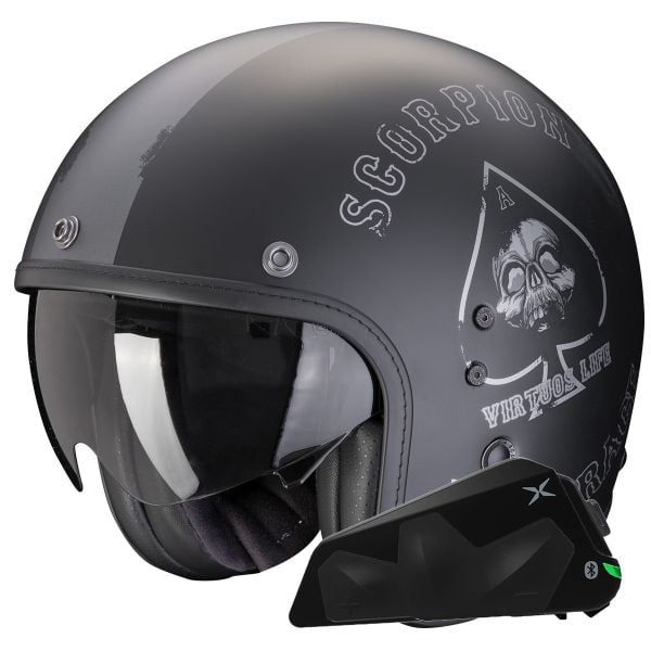 Casque Jet Scorpion Belfast Evo Spade Matt Black Silver + Kit bluetooth Exo-Com Link-1C Casque Jet Scorpion Belfast Evo Spade Matt Black Silver + Kit bluetooth Exo-Com Link-1C