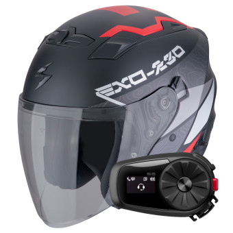 Casque Jet Scorpion Exo 230 Band White Black Red + Kit Bluetooth 5S Solo
