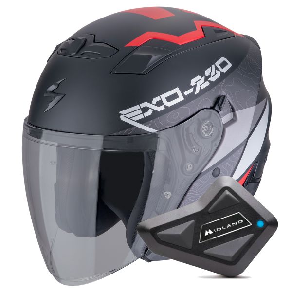 Casque Jet Scorpion Exo 230 Band White Black Red + Kit Bluetooth BT Mini