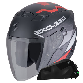 Casque Jet Scorpion Exo 230 Band White Black Red + Kit bluetooth Exo-Com Link-1C