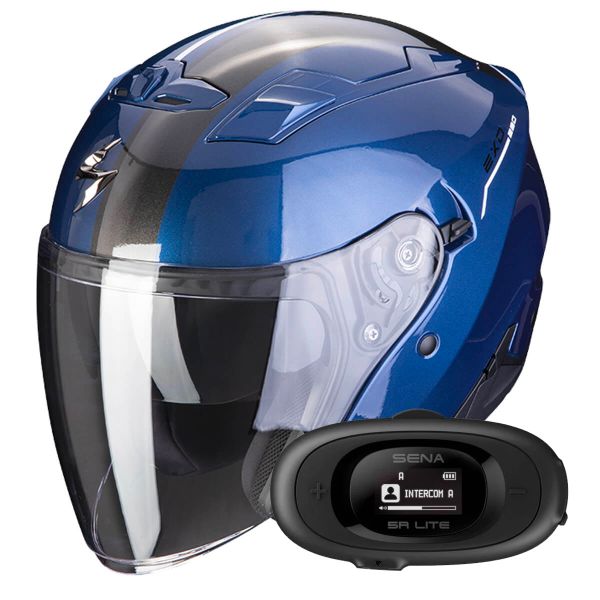 Casque Jet Scorpion Exo 230 SR Blue White + Kit bluetooth 5R Lite