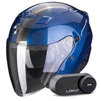 Casque Jet Scorpion Exo 230 SR Blue White + Kit Bluetooth Lokui K30