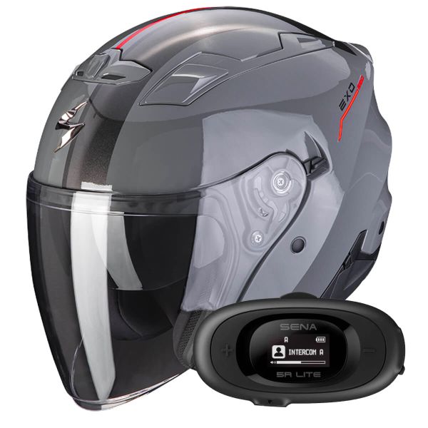 Casque Jet Scorpion Exo 230 SR Grey Cement Red + Kit bluetooth 5R Lite