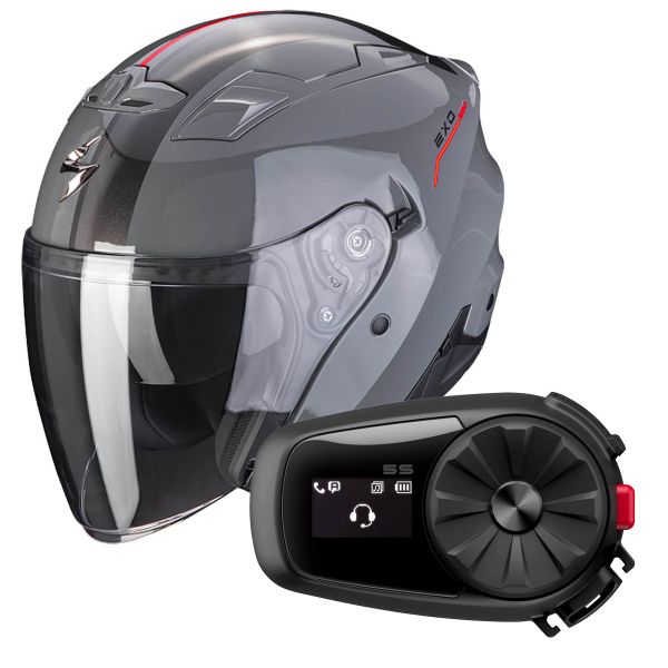 Casque Jet Scorpion Exo 230 SR Grey Cement Red + Kit Bluetooth 5S Solo