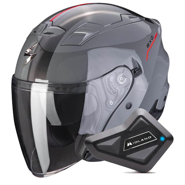 Casque Jet Scorpion Exo 230 SR Grey Cement Red + Kit Bluetooth BT Mini
