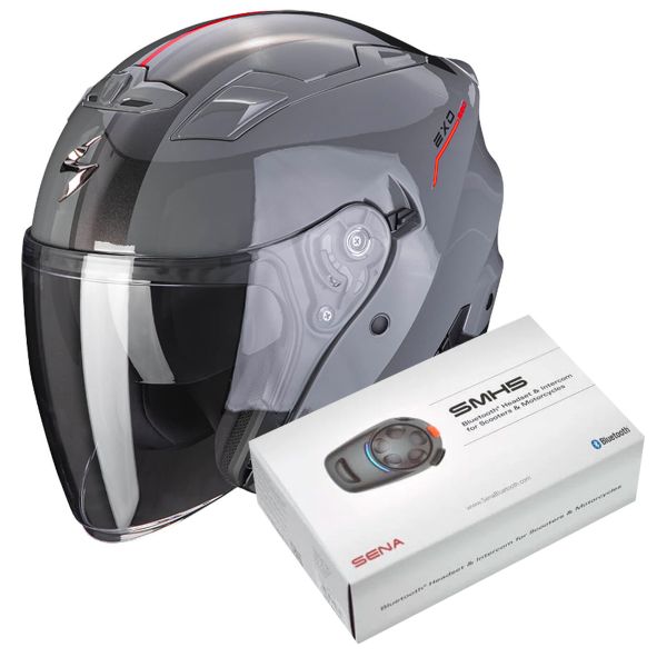 Casque Jet Scorpion Exo 230 SR Grey Cement Red + Kit Bluetooth SMH5