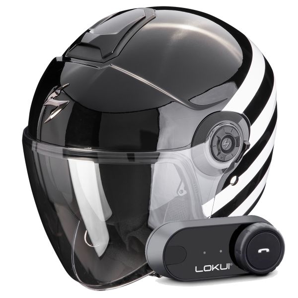 Casque Jet Scorpion Exo City II Bee Black White + Kit Bluetooth Lokui K30